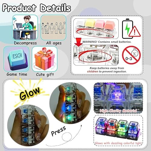 Boxgear 2 Pack Keyboard Fidget Keychain with LED Lights, 4-in-1 Stress Relief Clicker Toy, Keyboard Button Finger Clicker for Anxiety Relief, Sensory Decompression Toy for Kids & Adults (Transparent) thumbnail 3