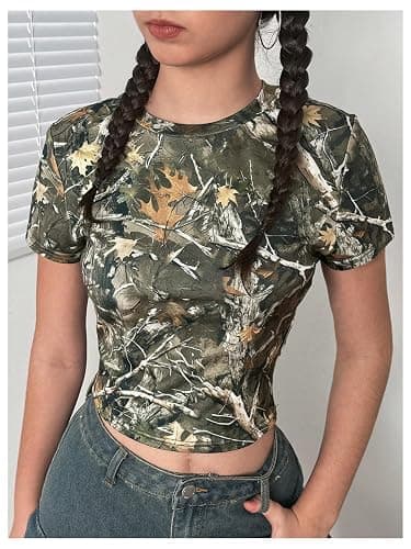 SOLY HUX Girl's Camo T Shirt Crew Neck Short Sleeve Tee Y2k Vintage Leaf Print Going Out Crop Tops thumbnail 3