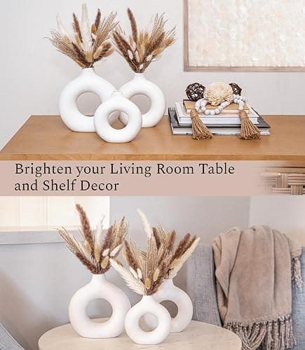 VELOVA Set of 3 White Ceramic Vase with 65 PCS Dried Pampas Grass Flowers Aesthetic Boho Modern Small Round Cute Vases for Decor Living Room Coffee Table Shelf Bedroom Office Desk Home Gifts Women Mom thumbnail 4