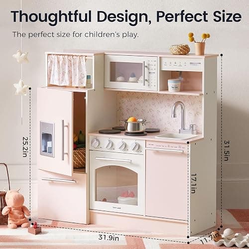 Tiny Land Play Kitchen for Kids, Upgraded Wooden Kitchen Toy with Complete Play Areas, Pretend Cooking Set with Sink, Stove, Microwave, Toy Coffee Station & Storage for Kids Ages 3+ thumbnail 2