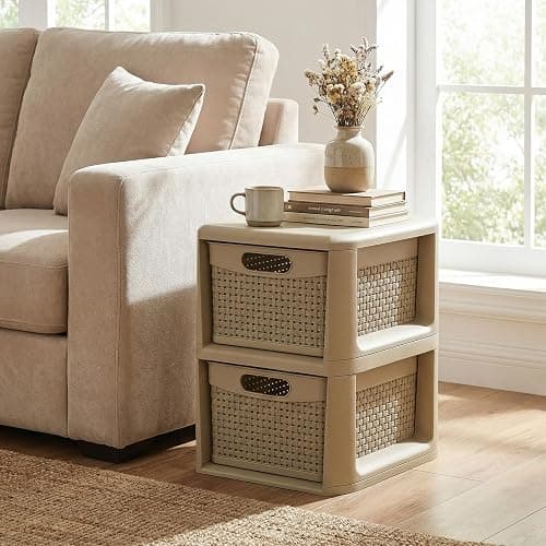 Giantex 2-Drawer Storage Organizer, Plastic Wicker Tower Baskets, Counterop & Under-desk Compact Container Boxes for Office, Bedroom, Bathroom, Living Room, Taupe thumbnail 7
