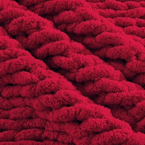 Carriediosa Chunky Knit Throw Blanket 50" X 60", 100% Hand Made Large Chenille Loop Yarn Soft Fluffy Throws for Couch Sofa Bed, Big Crochet Cozy Heavy Thick Cable Woven Blankets, Red thumbnail 7