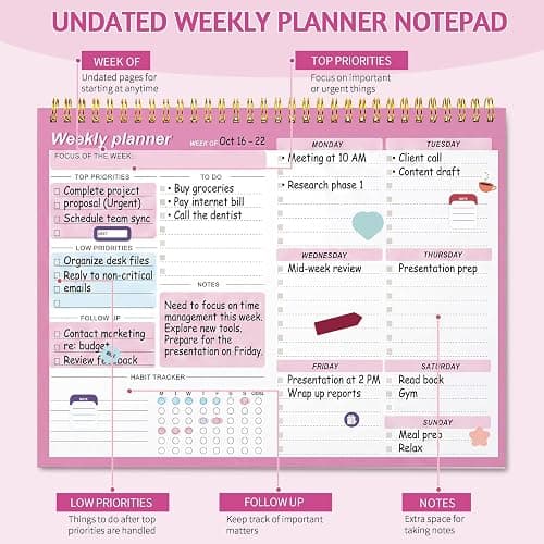 Weekly To Do List Notepad, 8.5''x11'' Weekly Desk Planner with 52 Tear Off Sheets Undated Weekly Planner, Office Accessories, College School Supplies & Essentials for Home & Work Productivity, Pink thumbnail 4