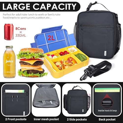 NOL Nylon Waterproof Kids Lunch Bag, Insulated Lunch Bag, Lunch box Cooler, Reusable, Zip Closure with Buckle Handle Holds Lunch Box, Snacks & Water Bottle for School Work,Black - Black - Vertical thumbnail 3
