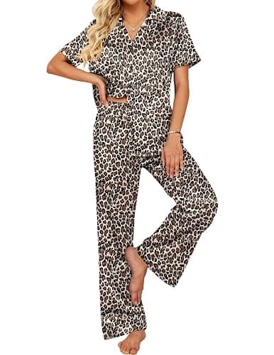 Ekouaer Silk Pajamas for Womens Set 2 Piece Fall Pjs with Pockets | Satin Short Sleeve Sleepwear, Soft Button Down Tops/ Wide Leg Pants for Lounging, Date Nights, Honeymoon, Bridal Wedding Day - Image 1