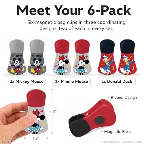 Disney Mickey & Friends Magnetic Chip Clips, Set of 6 | Airtight food storage bag clips for snack, cereal, and coffee bags, great for pantry and fridge, magnet displays kids artwork thumbnail 2