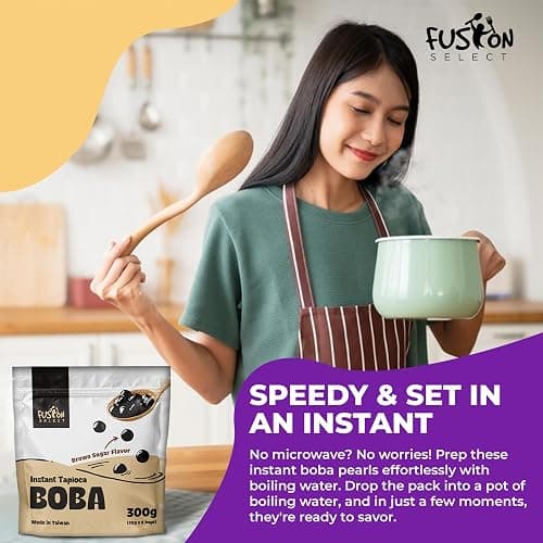 Fusion Select 12 Instant Boba - No-Cook Instant Tapioca Pearls for Bubble Tea Drinks, Hot or Cold Sweet Milk Beverage - Microwave or Heat With Boiling Water - Real Brown Sugar Flavored Balls thumbnail 5