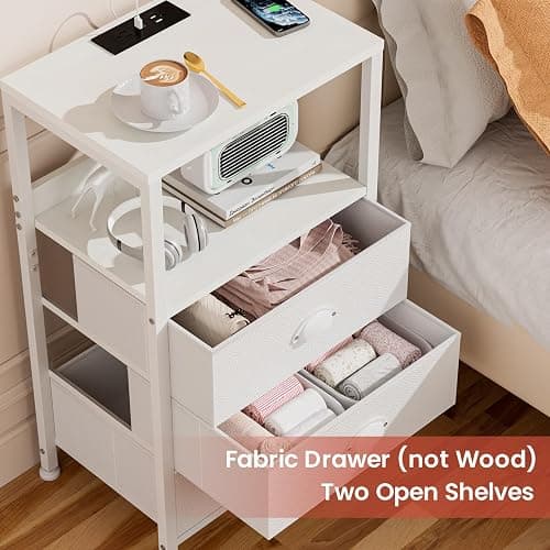 RVHOME White Nightstand with Charging Station & Voice Control LED Light, 28.3" Night Stand with 3 Fabric Drawers, End Table Side Furniture with Tamper-Resistant Outlets, USB Type C Port thumbnail 6