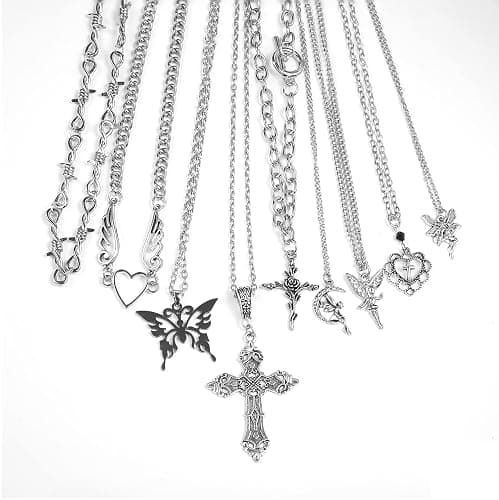 LIRUNQIN 9 Pcs Grunge Necklace Set Goth Cross Fairy Thorns Gothic Angel Heart Feather Chain Choker Necklace for Women Teen Girls thumbnail 2