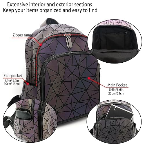 CAFINY Geometric Women's Backpack Geometries Glow Large Purse Backpack Geometrical Luminous Bag Holographic Travel Bags Retro Daypack for Casual, College, Work thumbnail 6