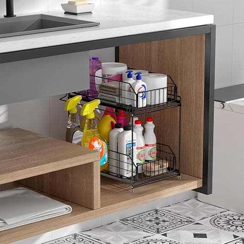 SUEH DESIGN Under Sink Organizer, 2 Tier Bathroom Cabinet Organizer Metal Kitchen Sink Organzier with Hanging Rail for Kitchen Bathroom Organization and Storage, 1 Pack thumbnail 7