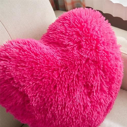 MOOWOO Fluffy Faux Fur Heart Throw Pillow for Valentine's,Mothers Day,Sherpa Plush Fluffy, Solid Color, Heart Shape Pillow for Girls,Hot Pink Love Throw Pillow (Rose Red) thumbnail 2