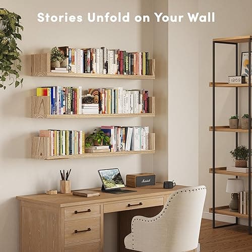 Wall Bookshelf, Set of 3, 36 Inches U Shaped Wall Shelves, Long Deep Floating Shelves for Wall, Large Floating Book Shelves - Wood Hanging Bookshelves for Kitchen, Bedroom (Light Brown, 36 Inches) - Light Brown - 36 Inches thumbnail 3