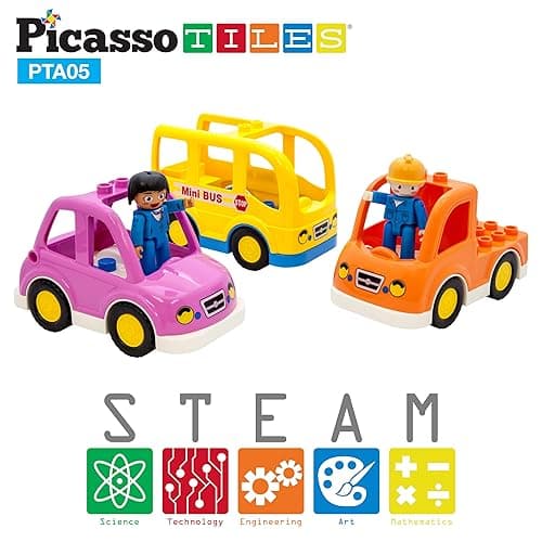 PicassoTiles Magnetic Figures 5 Piece Vehicle and Action Figure Set Including School Bus, Car, Truck and 2 Drivers Magnet Expansion Pack Toddler Toy Kit Pretend Playset for Construction Building Block - Vehicle thumbnail 5