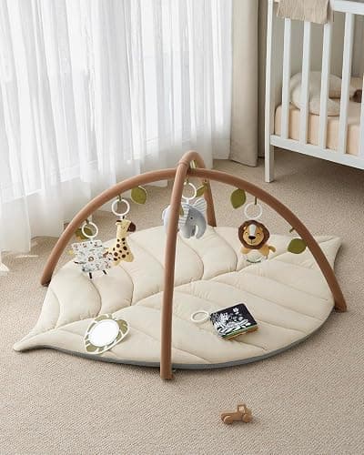 Blissful Diary Baby Play Gym & Activity Mat, Leaf Shaped Baby Tummy Time Play Mat with 6 Detachable Toys, Promotes Motor Skills & Sensory Development, Newborn Baby Essentials Gift, Oatmeal Beige thumbnail 2