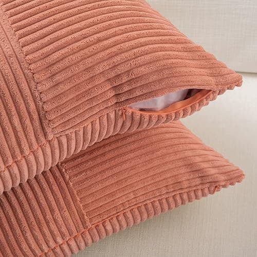 Fancy Homi 2 Packs Coral Decorative Throw Pillow Covers 18x18 Inch for Living Room Couch Bed, Rustic Farmhouse Boho Home Decor, Soft Corss Corduroy Patchwork Textured Peach Cushion Case 45x45 cm thumbnail 4