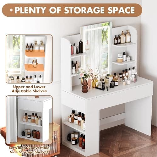 Devoko LED Lighted Dressing Table with Adjustable Brightness, Makeup Table with Mirror, with 2 Large Drawers and 4 Open Shelves and Side Locker, 90 x 40 cm, Modern Style for Bedroom, White thumbnail 5