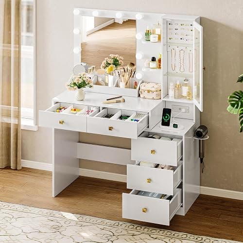 HUANLEGO Vanity Desk with Mirror and Lights, White Makeup Vanity Mirror with Lights Desk with 5 Drawers, Jewelry Organizer& LED Glass Cabinet, 3 Light Mode Dressing Table Set for Girls, Women thumbnail 3