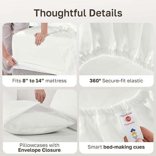 Soft Natural 100% Cotton Sateen Full Size Sheets, 4 Pc Set, Ivory | Backed by Good Housekeeping Seal, Light & Breathable For Hot Sleepers, 14" Deep Pocket, All-Around Elastic, Durable thumbnail 5