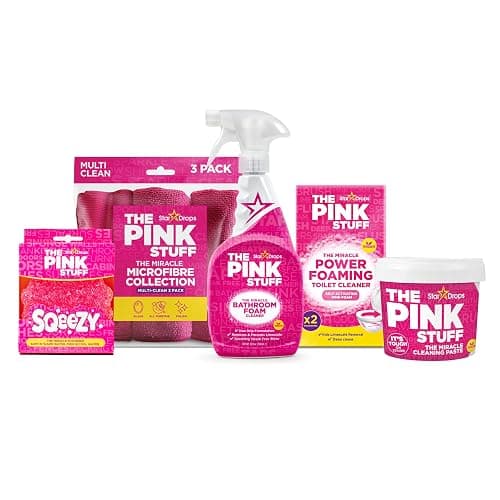 Stardrops - The Pink Stuff Bathroom Cleaning Kit – Cleaning Paste, Bathroom Foam Spray, Toilet Foaming Powder, SQeeZY Sponge & 3 Microfiber Cloths – Tough on Stains, Grease & Soap Scum - Image 1