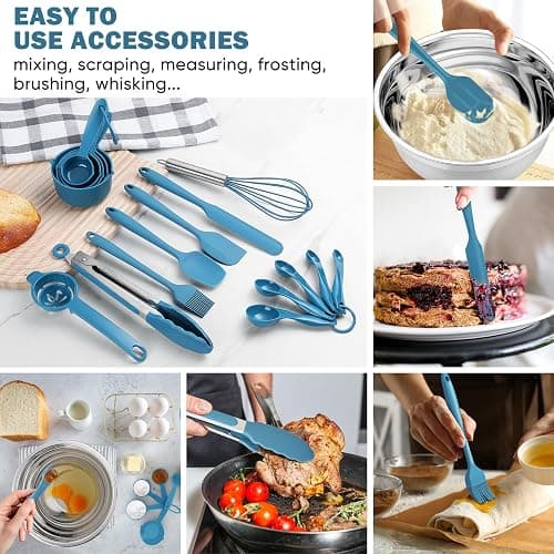 E-far 25PCS Mixing Bowls with Lid Set, Stainless Steel Nesting Prep Bowls with Grater Attachments Non-Slip Bottoms for Cooking, Baking, Serving, Food Storage, 4.6/2.6/2/1.5/1/0.7QT - Blue thumbnail 7