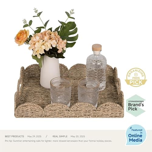StorageWorks Rectangle Wicker Scalloped Tray, Rattan Serving Trays with Handles, Seagrass Basket for Decorative & Organizing, 15.75" L x 11.5" W x 2.75" H thumbnail 4