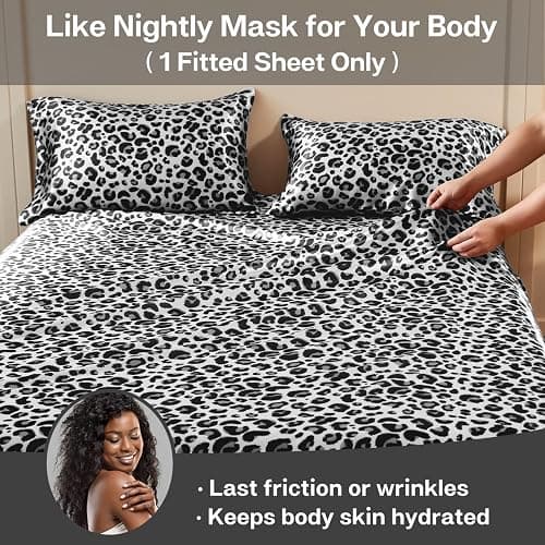 MR&HM Satin Fitted Sheet Full Size, Elastic Corner Straps, White Leopard | 15" Deep Pocket, Secure Fit, No Slipping or Bunching, Silk-Like Feel, Cooling & Breathable, Gentle on Hair & Skin, 1 Pc thumbnail 2
