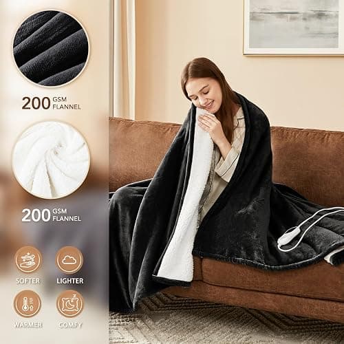 Homemate Heated Blanket Electric Throw - 50"x60" Heating Blanket Throw 1/2/4/6/8 Hours Auto-Off 10 Heat Level Over-Heat Protection Flannel Sherpa ETL Certification thumbnail 2