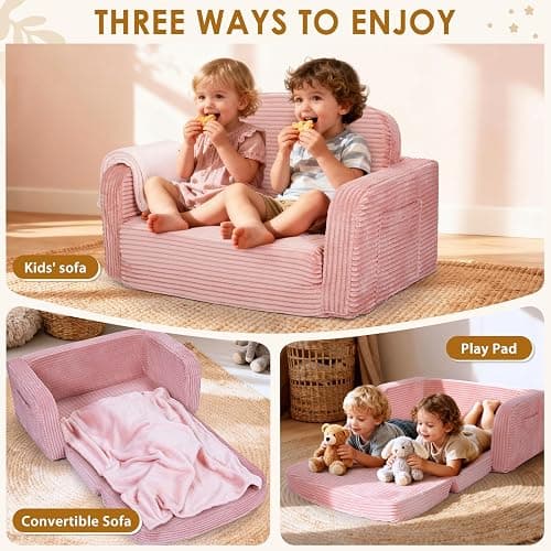 Foryoomi Extra Wide 2 in 1 Convertible Toddler Kids Couch - Corduroy Fold Out Kids Sofa Chair with Blanket, Comfy Comfortable Toddler Chair, Machine-Washable Cover, for Boys Girls, Pink thumbnail 4
