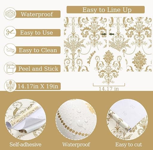 EchoSphere 17.3" X 118" Damask Floral Peel and Stick Wallpaper Boho Gold Flower Contact Paper Gold and White Damascus Wallpaper Removable Self Adhesive Decorative Wall Paper for Bedroom Vinyl Roll thumbnail 5
