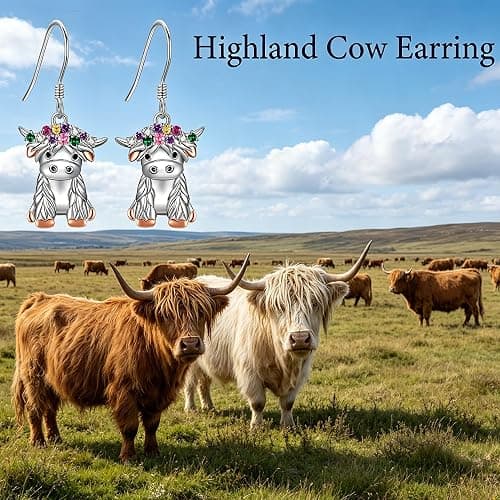 Peacock Highland Cow Earrings 18K White Gold Plated Animal Dangle Drop Earrings Jewelry Gifts for Women Lovers thumbnail 6