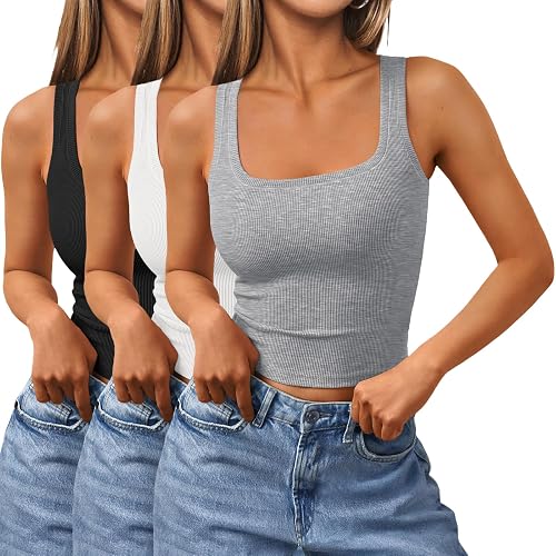 SUNBS Womens 3 Pack Square Neck Tank Tops Soft Ribbed Crop Tops Basic Camisoles - Image 1