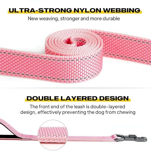 Fida 6 FT Heavy Duty Dog Leash with 2 Comfortable Padded Handles, Traffic Handle & Advanced Easy Snap Hook, Reflective Walking Lead for Large, Medium & Small Breed, Pink thumbnail 3
