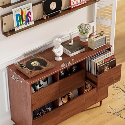 BROTTAR 47.2" Large Record Player Stand, Vinyl Record Storage Cabinet,Brown | Fit 7“/10"/12" Vinyl Record, Mid Century Turntable Stand, Media Cabinet with 6 DVD Drawers for Living Room, Music Corner thumbnail 5