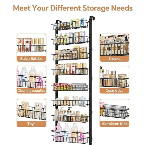 MIAOLI Over the Door Pantry Organizer, 8-Tier Adjustable Spice Rack Cabinet Door Shelves, Hanging Seasoning Organizer for Kitchen Bathroom, Laundry Room Organization, Black thumbnail 7