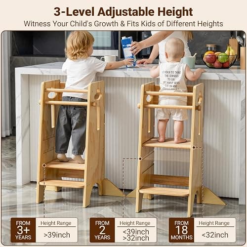 COSYLAND Height Adjustable Toddler Standing Tower(NO Wide Back Panel) - Super Stable Kids Kitchen Stool Helper with 4 Support Blocks - 3 Levels Adjustable Wooden Kitchen Stool (All Natural) thumbnail 3