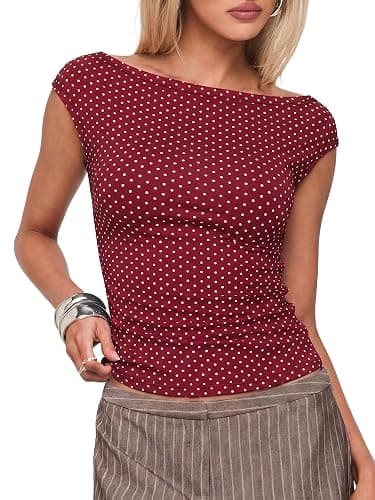 EMMIOL Off Shoulder Tops for Women Cute Sleeveless Polka Dot Shirts Ruched Sexy Going Out Tank Top Y2K Clothes - Image 1