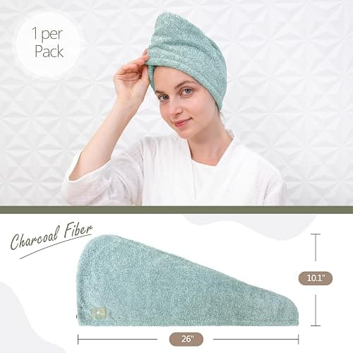 myHomeBody Hair Towel Wrap, Luxury Quick Drying Turban, Ultra Soft Absorbent Charcoal Fiber Cap, with Coconut Shell Button – Pine Green thumbnail 3