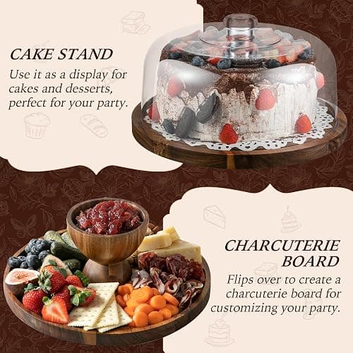 Fyctio Acacia Wood Cake Stand with Lid,12in Round Acrylic Cake Stand with Dome,2-In-1 Reversible Charcuterie Board with Lid,Large Wooden Baked Goods Display Holder,Perpare For Dessert,Cheese,Chips,Cookie thumbnail 6