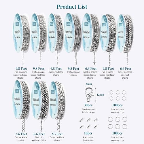 Ecoofor Necklace Chains for Jewelry Making, 78.7 Feet 10 Rolls Stainless Steel Jewelry Chains for DIY Necklace Bracelet Jewelry Making with Stainless Steel Jump Rings/Lobster Clasps/Connectors thumbnail 3