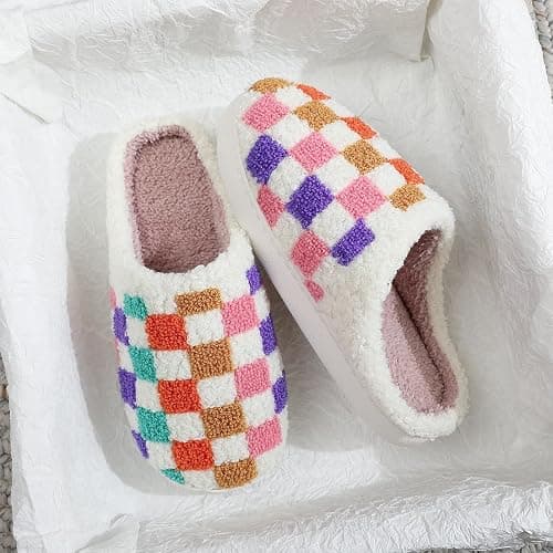 Halloween Christmas Slippers Checkered Scuff for Women and Men Holiday Indoor Bedroom Fluffy Warm Fleece Slippers Winter Soft Cozy Home Non-Slip Soft Plush Slip-on Wool Lined House Shoes thumbnail 4