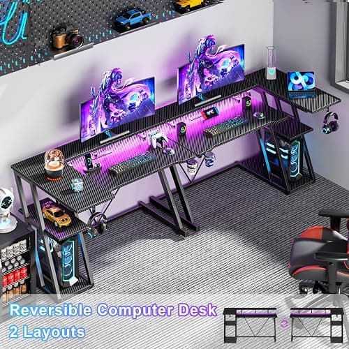 Korfile 40 Inch Gaming Desk with Power Outlet & LED Lights, L Shaped Computer Gaming Table with 3 Tiers Storage Shelves, Corner Gamer Desk with Monitor Stand for Small Space, Carbon Fiber Black thumbnail 4