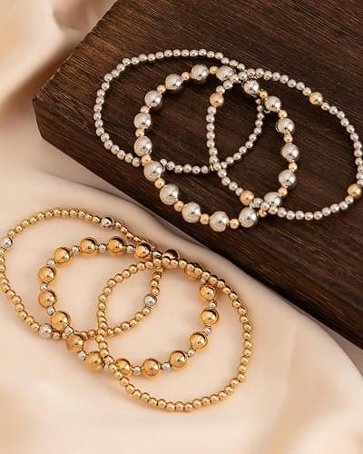 LANWLOSI 6 Pcs Two Tone Bracelets for Women Stackable Gold and Silver Beaded Bracelets Trendy Mixed Metal Beads Brace-lets Wedding Party Prom Daily Jewelry Gifts thumbnail 6