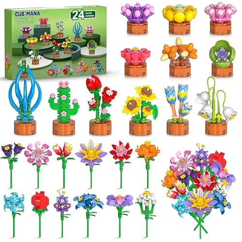 24 Pack Flowers Party Favors for Kids Building Set - 827PCS Succulents 3.6MM Mini Building Blocks Toy for Easter Basket Stuffers, Classroom Prizes, Mother's Day Birthday Gift for Girl Boy Ages 6+ - Image 1