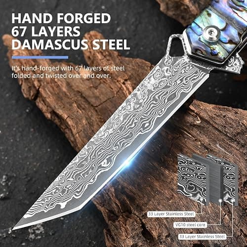 DRACHENADER Damascus Pocket Knife, 8.97" Tanto Folding Knife Handmade Forged VG10 Core 67-Layer Damascus Steel with Abalone Seashell Handle, Leather Sheath thumbnail 3