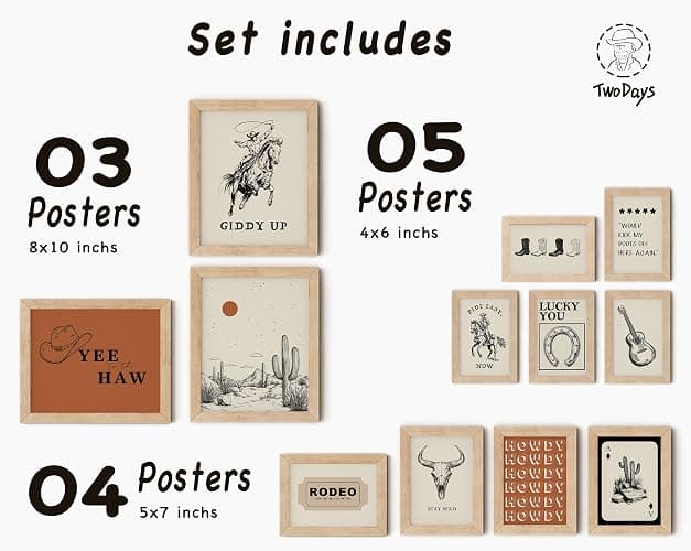 TwoDays Western Wall Decor, Retro Southwest Wall Art, Wild West Cowboy Rodeo Posters, Vintage Country Howdy Prints for Home Living Room Bedroom (Multi Sizes, 8" X 10" Largest, Set of 12, Wooden Framed) thumbnail 2
