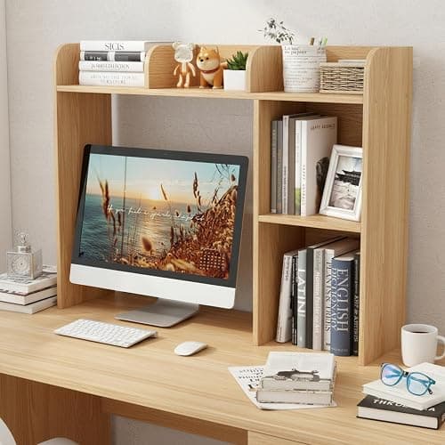 Tangkula Desktop Bookshelf, Countertop Storage Hutch with 5 Shelves for Computer Desk, 3-Tier Display Rack, Multipurpose Wood Storage Organizer for Dorm Office Home thumbnail 2