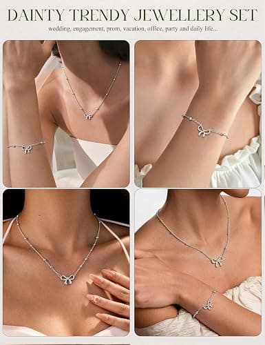 MILACOLATO Jewellery Set for Women Gold Silver Necklace and Bracelet Set | 14K Gold Plated Hypoallergenic Chorker Necklace Link Chain with Bow CZ Four Leaf Clover Dainty Wedding Bride Jewelry Set thumbnail 6