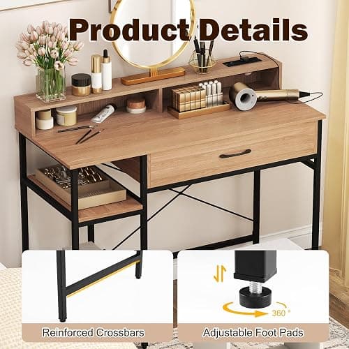 SFAREST Computer Desk, Industrial Laptop Writing Desk with Monitor Stand, Drawers & Storage Shelves, Wooden PC Study Work Table for Bedroom Study Office(Natural,106 x 48 x 90cm) thumbnail 6