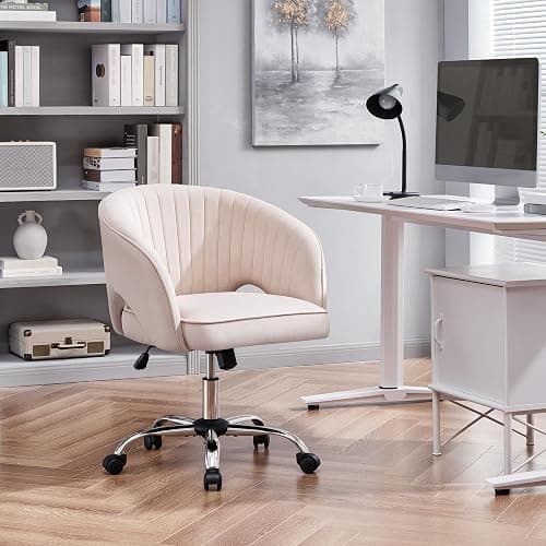 Yaheetech Schminkstuhl mit Samtbezug, Schreibtischstuhl mit Armlehnen, Drehstuhl mit Rollen, Höhenverstellbar Homeoffice Stuhl, Bürosessel mit Schaukelfunktion, drehbar Polsterstuhl Cremeweiß thumbnail 2